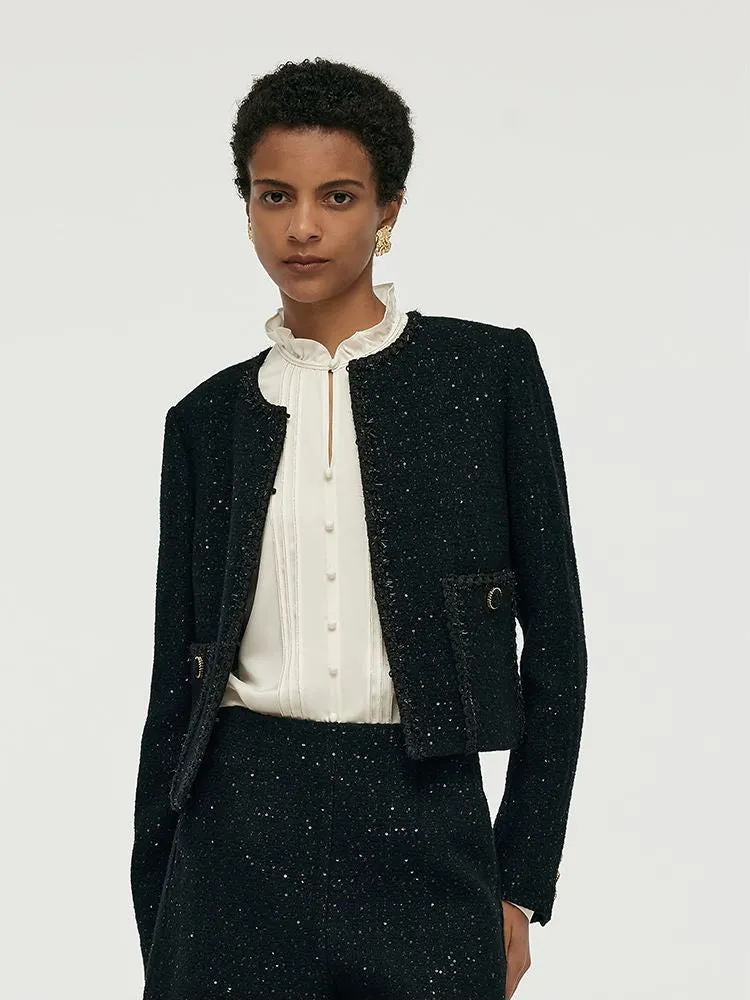 Wool Blend Tweed Sequins Women Crop Jacket