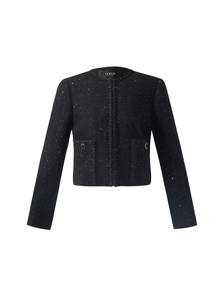 Wool Blend Tweed Sequins Women Crop Jacket