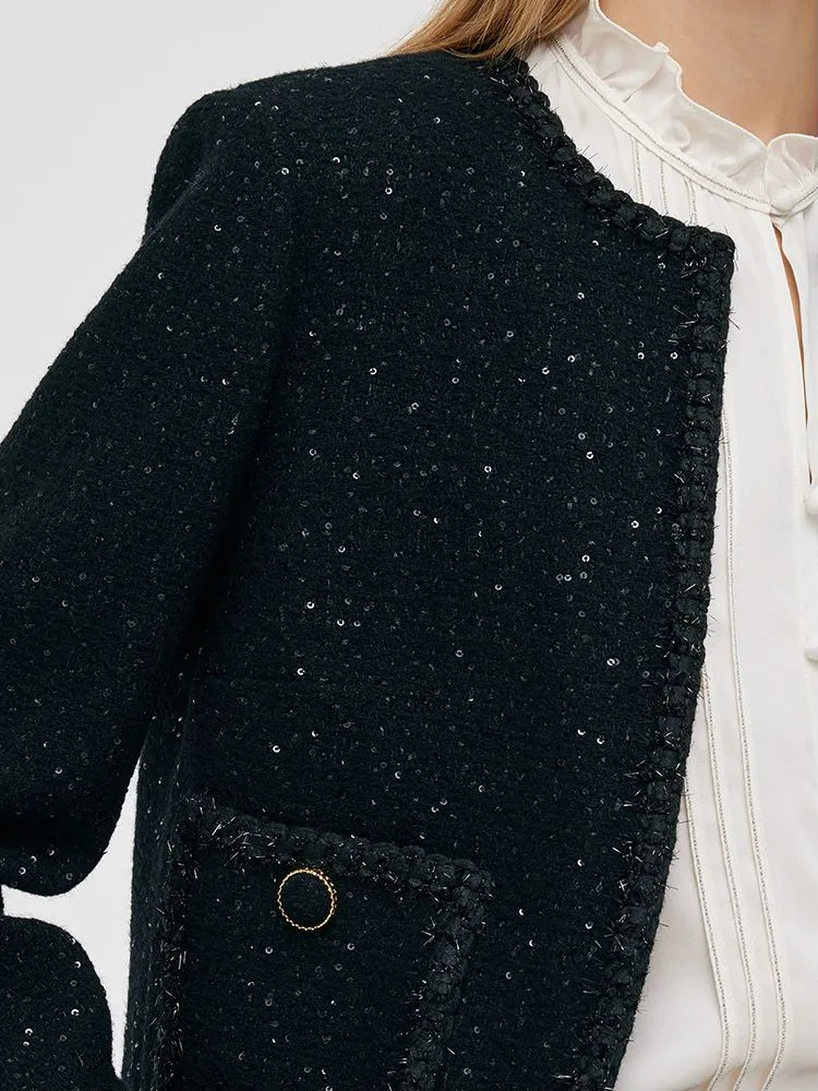 Wool Blend Tweed Sequins Women Crop Jacket